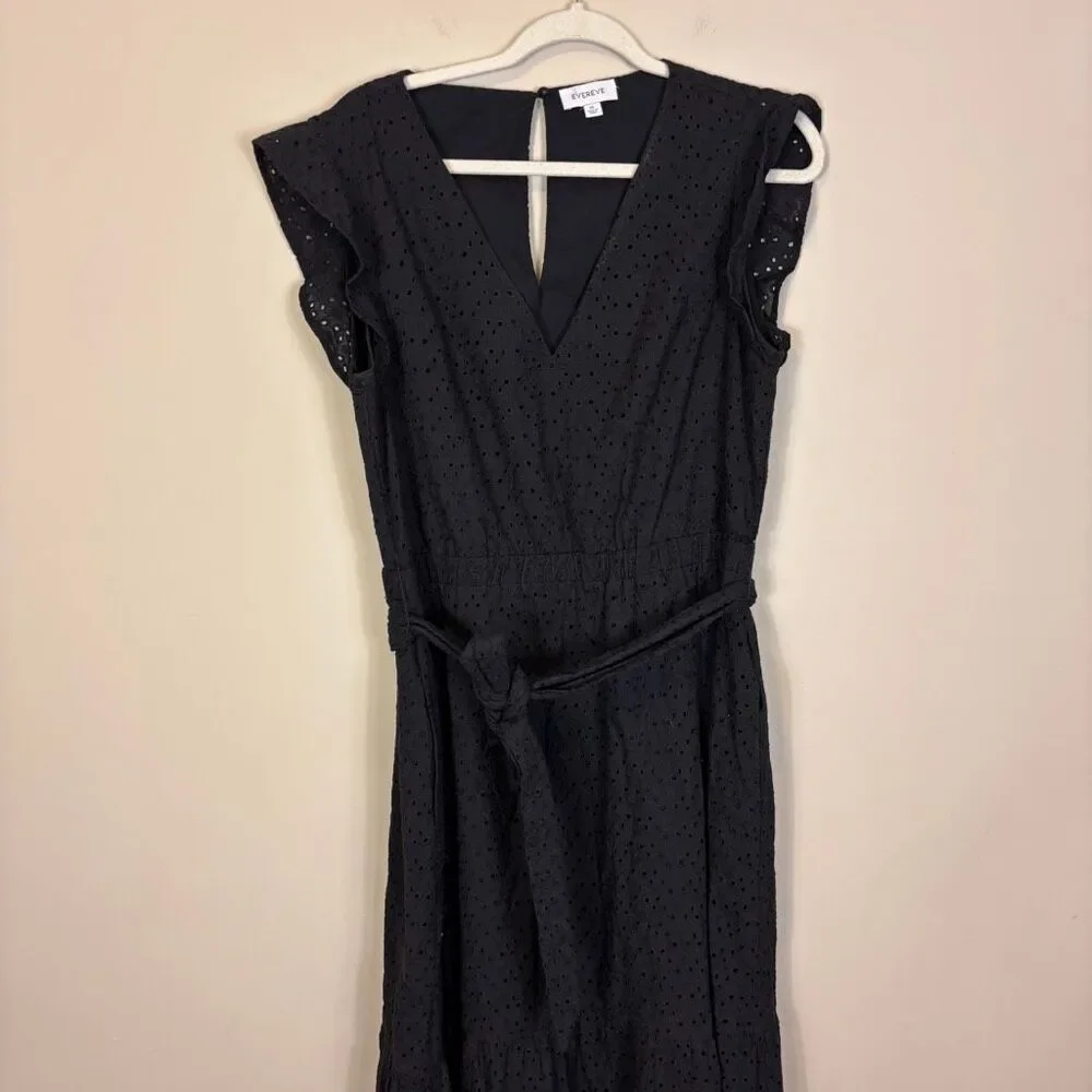 Evereve Black Eyelet V Neck Cotton Sleeveless Midi Dress with Belt XL‎